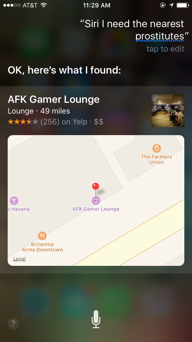 На просьбу найти проституток Siri отправляет пользователей в гейм-бары
