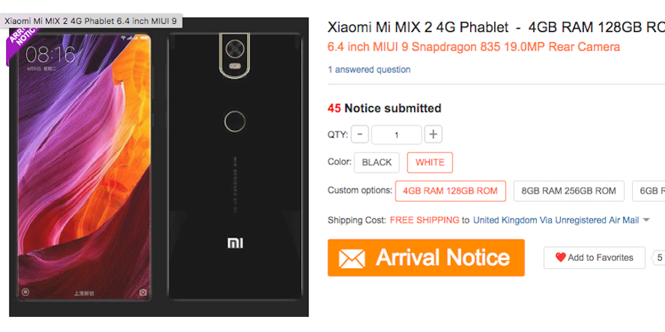 Xiaomi Mi Mix 2 с экраном во всю лицевую панель засветился в онлайн-магазине