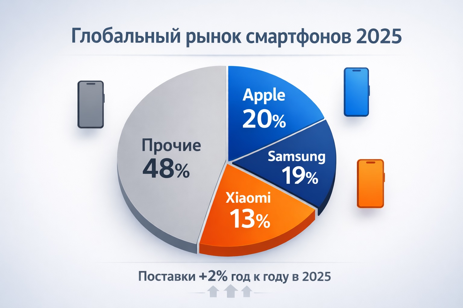 Инфографика: доли рынка смартфонов в 2025 году — Apple, Samsung, Xiaomi